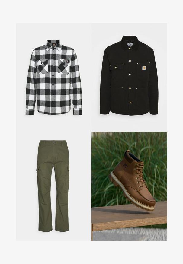 Carhartt WIP CHORE - Jas - black; Zwart-witte flanellen blouse met een geruit patroon, voorzien van twee borstzakken, knoopsluiting en een kraag. Zachte, gestructureerde stof.; Cargo-broek in donkergroen olijf, met meerdere zijzakken, een rechte pasvorm en een duurzame stof met een gestructureerde afwerking.; Bruine leren Sorel-wandelschoen met dikke profielzool zwevend boven een houten oppervlak, met groen gras op de achtergrond.