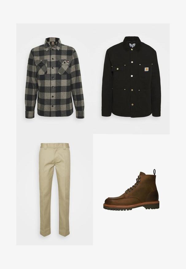 Carhartt WIP CHORE - Übergangsjacke - black; Schwarzes und graues kariertes Flanellhemd mit langen Ärmeln, Knopfverschluss vorne, zwei Brusttaschen und einem leicht abgerundeten Saum. Strukturiert. ; Beige Hosen aus einem glatten Stoff, mit geradem Bein, Gürtelschlaufen und vorderen Falten für einen maßgeschneiderten Look.; Braune Leder-Stiefeletten mit runder Zehenform, metallenen Ösen und einer robusten Gummisohle. Enthält eine Zuglasche für ein einfaches An- und Ausziehen.