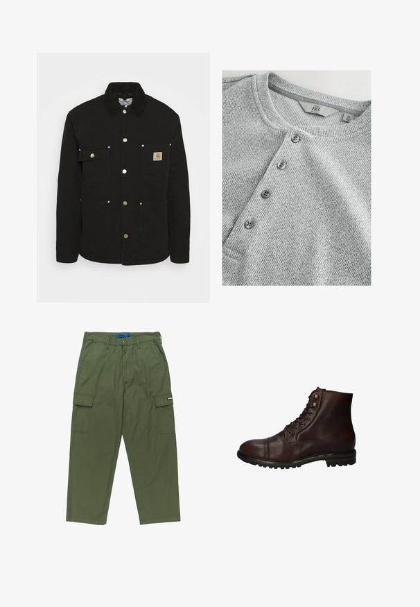 Carhartt WIP CHORE - Chaqueta de entretiempo - black; Camisa de punto gris de manga larga con cuello redondo, tapeta de cinco botones, textura acanalada y un diseño ajustado. La etiqueta indica talla M.; Pantalones cargo verdes con un corte recto, múltiples bolsillos laterales y cierre con cremallera. Fabricados en tejido de algodón resistente. Presenta etiqueta de la marca.; Bota de tobillo de cuero marrón oscuro con cordones, suela de goma resistente y ojales de metal, vista desde el lado exterior.