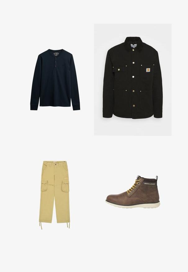Carhartt WIP CHORE - Chaqueta de entretiempo - black; Camisa henley de manga larga en color marino, hecha de algodón suave, con una tapeta de tres botones, dobladillo redondeado y pequeño logotipo en el pecho.; Pantalones cargo beige con dos bolsillos delanteros con solapa, trabillas para cinturón, cierre con botones y cordones en los bajos.; Botas de tobillo de cuero marrón con punta redonda, cordones amarillos y suela de goma blanca. Presenta un acento negro en el talón y un detalle de logo.