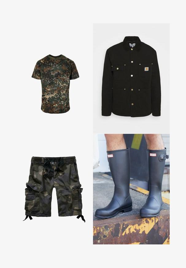 Carhartt WIP CHORE - Chaqueta de entretiempo - black; Camiseta de camuflaje hecha de algodón, con un estampado multicolor en verde, marrón y negro. Cuello redondo y mangas cortas.; Pantalones cortos cargo en un patrón de camuflaje verde oscuro, hechos de algodón, con múltiples bolsillos laterales, cintura con cordón y dobladillos ajustables.; Persona que lleva botas de lluvia negras Hunter, de pie sobre un borde metálico oxidado con marcas de precaución amarillas y negras.