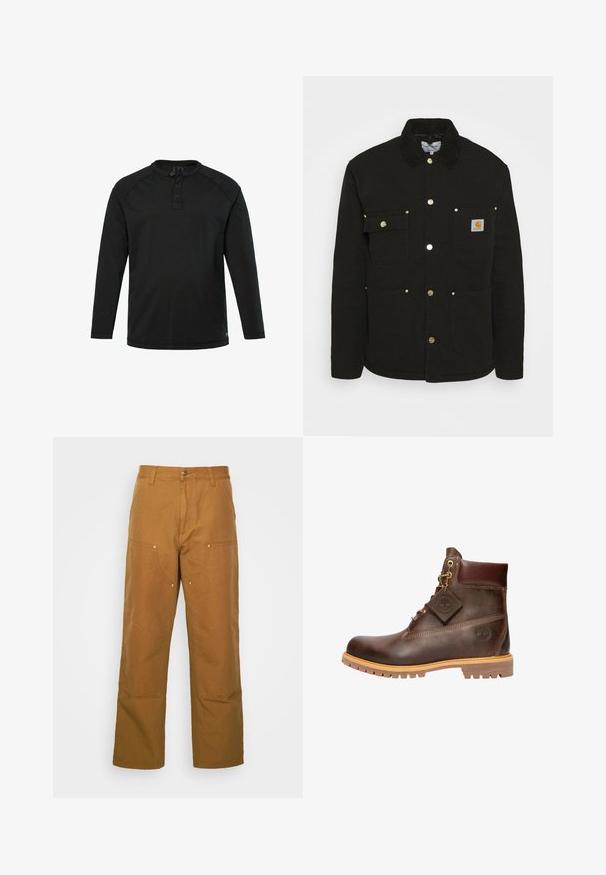 Carhartt WIP CHORE - Übergangsjacke - black; Schwarzes Langarm-Henley-Shirt mit drei Knöpfen und Rundhalsausschnitt, schlichte Gestaltung und gerader Saum.; Braune Baumwoll-Arbeitshosen mit geradem Bein, die über Vordertaschen und Metallakzente für zusätzliche Strapazierfähigkeit verfügen.; Braune Leder-Ankelstiefel mit runder Zehenpartie, robuster Sohle, goldfarbener Hardware und strukturiertem Obermaterial. Enthält ein angehängtes Logo-Tag.