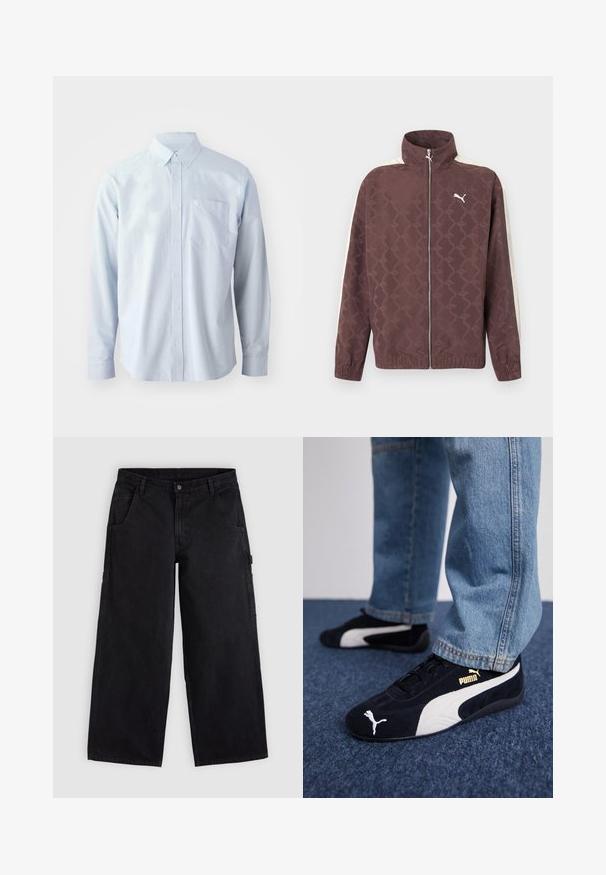 Chaqueta marrón con cremallera de Puma, con cuello alto, rayas blancas en las mangas y un patrón sutil de logotipos repetidos de Puma.; Camisa de manga larga azul claro fabricada en algodón. Presenta un collar con botones, botones frontales y un bolsillo en el pecho del lado izquierdo.; Pantalones de trabajo negros de pierna ancha con trabillas para cinturón, bolsillos delanteros y cierre con botón, mostrados sobre un fondo claro y liso.; Zapatillas de ante negras con acentos blancos, que presentan un logo dorado. Combinadas con unos jeans de mezclilla azul claro y colocadas sobre una superficie texturizada azul.