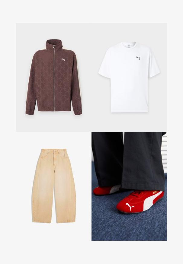 Veste zippée marron Puma avec col haut, rayures blanches sur les manches et motif subtil de logos Puma répétés.; T-shirt blanc à manches courtes col rond avec un petit logo Puma noir sur la poitrine gauche sur un fond clair.; Jean beige à jambes larges avec poches avant et arrière, passants de ceinture, fermeture par boutons et détails de coutures aux genoux et sur les côtés.; Baskets en suède rouge avec des accents blancs, dotées d'un matériau texturé, d'une pointe arrondie et d'un logo doré sur le côté, portées avec un pantalon noir.