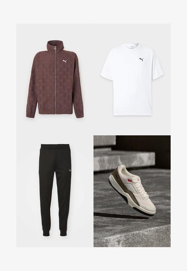 Chaqueta marrón con cremallera de Puma, con cuello alto, rayas blancas en las mangas y un patrón sutil de logotipos repetidos de Puma.; Camiseta blanca de manga corta con cuello redondo y un pequeño logo negro de Puma en el pecho izquierdo sobre un fondo claro.; Pantalones deportivos negros con un ajuste entallado, cinturilla elástica, bolsillos laterales y rayas blancas en los lados. Presenta un pequeño logo en el muslo izquierdo.; Una zapatilla deportiva blanca y marrón con detalles rojos flota sobre escalones de hormigón, mostrando su perfil lateral y cordones a plena luz del día.