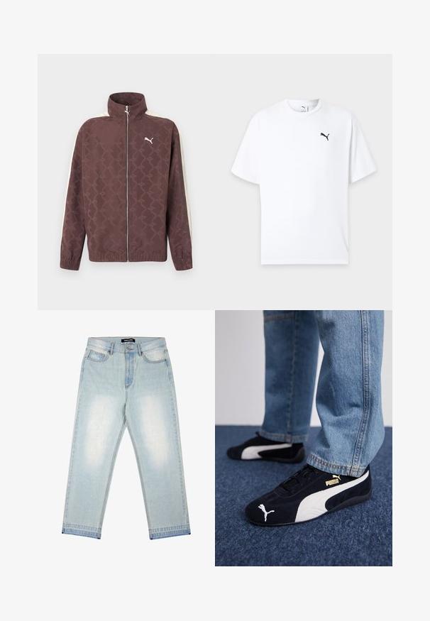 Braune Puma-Jacke mit Reißverschluss, hohem Kragen, weißen Streifen an den Ärmeln und dezentem, wiederkehrendem Puma-Logo-Muster.; Weißes T-Shirt mit kurzen Ärmeln und Rundhalsausschnitt mit kleinem schwarzem Puma-Logo auf der linken Brust vor hellem Hintergrund.; Pegador BARROW - Loose Jeans - sand washed blue; Schwarze Wildledersneaker mit weißen Akzenten und einem goldenen Logo. Getragen mit hellblauen Jeans und auf einer strukturierten blauen Oberfläche platziert.