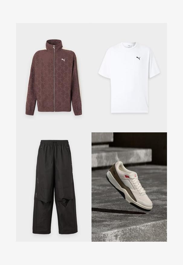 Καφέ ζακέτα Puma με φερμουάρ, ψηλό γιακά, λευκές ρίγες στα μανίκια και διακριτικό επαναλαμβανόμενο μοτίβο λογότυπου Puma.; Λευκό κοντομάνικο T-shirt με στρογγυλή λαιμόκοψη και μικρό μαύρο λογότυπο Puma στο αριστερό στήθος σε ανοιχτό φόντο.; Μαύρο παντελόνι φαρδιάς γραμμής με ελαστική μέση, εμπρόσθιες τσέπες με φερμουάρ, πάνελ στα γόνατα και διακριτικές αντανακλαστικές λεπτομέρειες στα πλάγια.; Ένα άσπρο και καφέ αθλητικό με κόκκινες λεπτομέρειες αιωρείται πάνω από μπετονένια σκαλοπάτια, δείχνοντας το πλάι και τα κορδόνια του στο καθαρό φως της ημέρας.