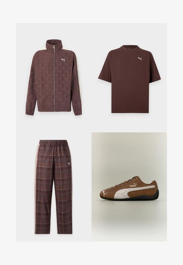 Veste zippée marron Puma avec col haut, rayures blanches sur les manches et motif subtil de logos Puma répétés.; T-shirt marron à manches courtes avec col ras du cou, petit logo Puma blanc sur la poitrine gauche, sur fond blanc.; Pantalon de survêtement à carreaux marron avec taille élastique, bandes latérales beige, poches avant et logo Puma blanc sur la cuisse droite.; Baskets en daim marron avec des accents blancs et un design texturé. Elles disposent d'une semelle en caoutchouc noire et d'un logo Puma proéminent sur le côté.