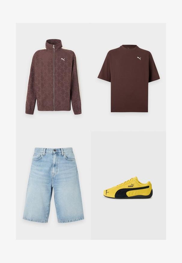 Brun Puma-jakke med lynlås, høj krave, hvide striber på ærmerne og et diskret gentaget Puma-logo mønster.; Brun T-shirt med korte ærmer og rund hals med lille hvid Puma-logo på venstre bryst mod en hvid baggrund.; Lyseblå denim knælange shorts med forlommer, bæltestropper og knaplukning.; Gul ruskinds sneakers med sorte ruskindsdetaljer. Har en struktureret sål, snørelukning og Puma-logo på siden og tungen.