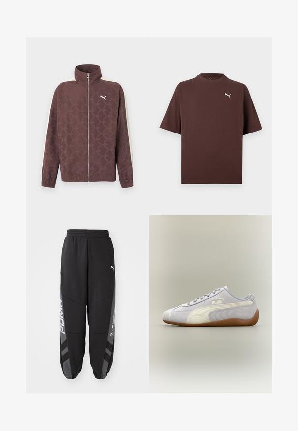 Brun Puma-jakke med lynlås, høj krave, hvide striber på ærmerne og et diskret gentaget Puma-logo mønster.; Brun T-shirt med korte ærmer og rund hals med lille hvid Puma-logo på venstre bryst mod en hvid baggrund.; Sorte joggebukser lavet af blødt materiale. Har elastisk talje, tapered ben, grå detaljer og hvide logoer på siderne.; Lys grå Puma ruskindssneaker med hvid stribedetalje og gummisål, set fra ydersiden mod en neutral baggrund.