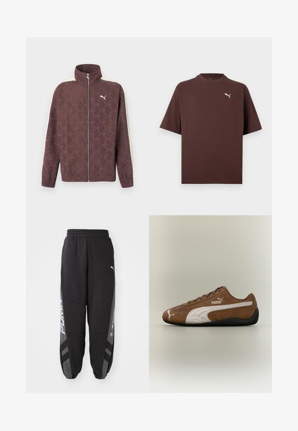 Hnedá mikina na zips Puma s vysokým golierom, bielymi prúžkami na rukávoch a jemným opakujúcim sa vzorom loga Puma.; Hnedé krátkym rukávom tričko s okrúhlym výstrihom a malým bielym logom Puma na ľavej strane hrude na bielom pozadí.; Čierne jogger nohavice vyrobené z mäkkého materiálu. Majú elastický pás, zúžené nohy, sivé akcenty a biele logá po stranách.; Hnedá semišová teniska s bielymi akcentmi a textúrovaným dizajnom. Má čiernu gumovú podrážku a výrazné logo Puma na boku.