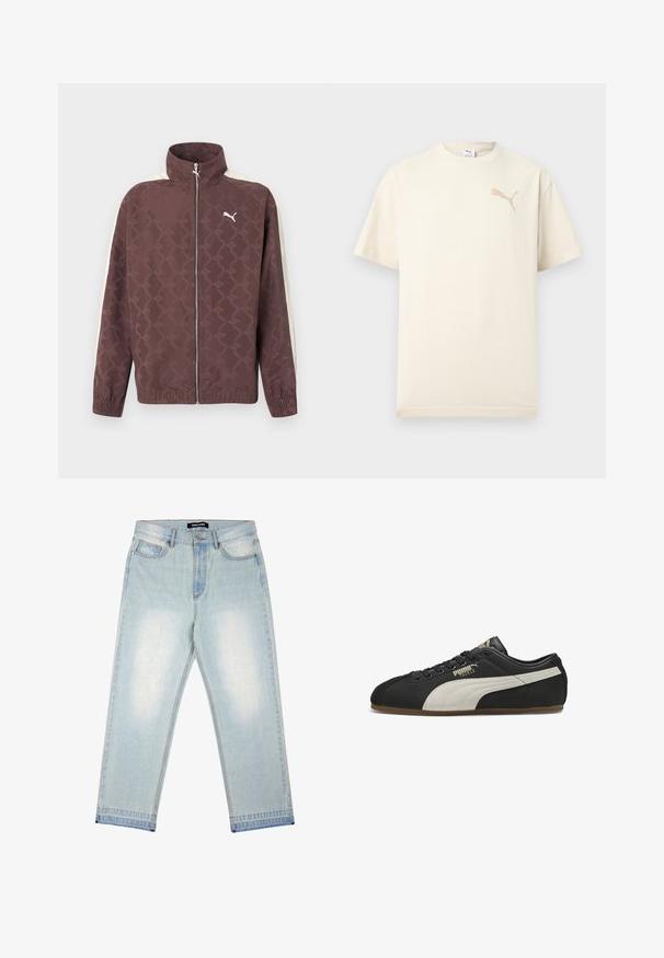 Bruine Puma-jas met ritssluiting, hoge kraag, witte strepen op de mouwen en een subtiel herhaald Puma-logo patroon.; Crème T-shirt met korte mouwen en een beige Puma-logo op de linkerborst, met een ronde hals, weergegeven op een eenvoudige lichte achtergrond.; Pegador BARROW - Wijde jeans - sand washed blue; Zwarte lage Puma sneaker met beige zijstreep, zwarte veters en een gumzool, linksbuiten aanzicht met "Puma Tackle" branding.