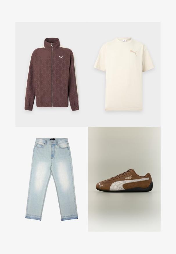 Chaqueta marrón con cremallera de Puma, con cuello alto, rayas blancas en las mangas y un patrón sutil de logotipos repetidos de Puma.; Camiseta de manga corta color crema con logo beige de Puma en el pecho superior izquierdo y cuello redondo, mostrada sobre un fondo claro y sencillo.; Pegador BARROW - Vaqueros holgados - sand washed blue; Zapatilla de ante marrón con detalles en blanco y diseño texturizado. Cuenta con una suela de goma negra y un prominente logo de Puma en el lateral.