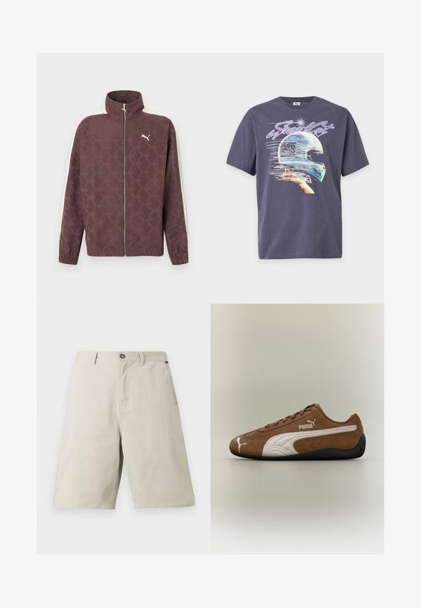 Veste zippée marron Puma avec col haut, rayures blanches sur les manches et motif subtil de logos Puma répétés.; T-shirt gris foncé avec un graphisme de style numérique représentant un casque de course et le mot "Steadfast" au-dessus en texte stylisé.; Shorts en tissu beige à coupe décontractée, dotés d'une fermeture à bouton, de passants pour ceinture et de poches latérales. Texture lisse avec des détails de couture subtils.; Baskets en daim marron avec des accents blancs et un design texturé. Elles disposent d'une semelle en caoutchouc noire et d'un logo Puma proéminent sur le côté.