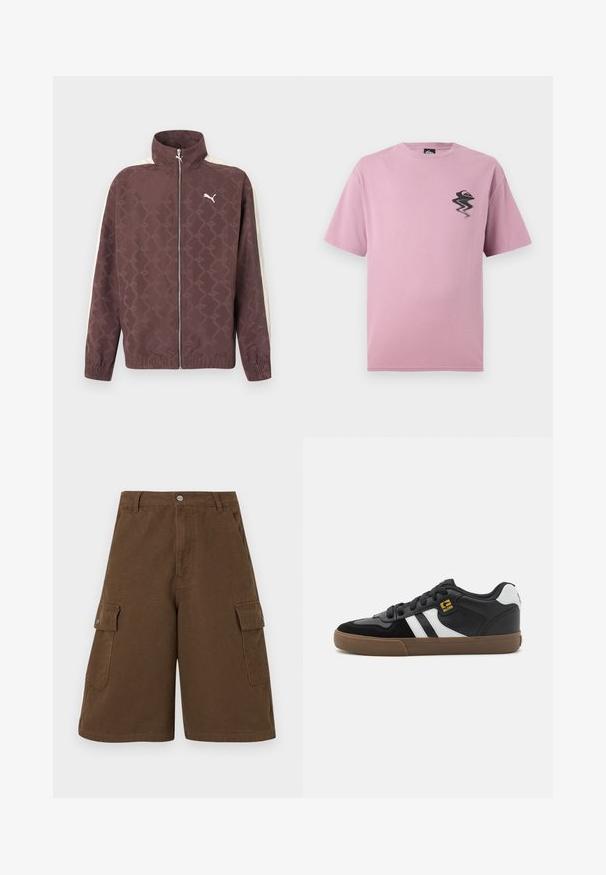 Brun Puma-jakke med lynlås, høj krave, hvide striber på ærmerne og et diskret gentaget Puma-logo mønster.; Lyselilla t-shirt med korte ærmer og et lille, forvrænget sort og orange logo på venstre bryst.; Brune cargo shorts med lige snit, to sidelommer og knaplukning foran. Fremstillet af slidstærkt bomuldsstof med en mat finish.; Sorte og hvide sneakers med overdel i ruskind og læder, der har hvide striber, sorte snørebånd og en brun gummisål. Guld logo detaljer.