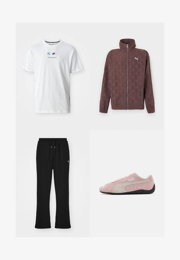 Braune Puma-Jacke mit Reißverschluss, hohem Kragen, weißen Streifen an den Ärmeln und dezentem, wiederkehrendem Puma-Logo-Muster.; Weißes Baumwoll-T-Shirt mit dem BMW-Logo, grauem "Motorsport"-Text und farbigen Akzenten an den Seiten. Kurze Ärmel und Rundhalsausschnitt.; Schwarze Jogginghosen mit elastischem Bund und Kordelzug, ausgestattet mit Seitentaschen und einem dezenten Logo am linken Bein. Weicher Stoff, schmal zulaufende Form.; Rosa Wildledersneaker mit grauen Akzenten, stromlinienförmigem Design, strukturiertem Obermaterial und schwarzer Gummisohle. Mit dem Puma-Logo an der Seite.