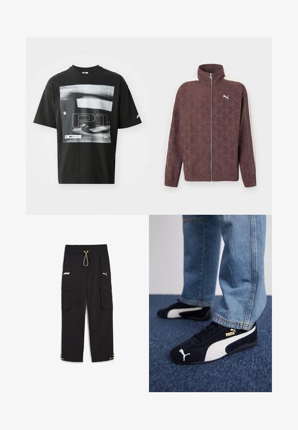Brun Puma-jakke med lynlås, høj krave, hvide striber på ærmerne og et diskret gentaget Puma-logo mønster.; Sort bomulds T-shirt med grafisk tryk, der inkluderer tekstelementerne "FORMULA 1 RACING" og "P1." Rund hals og korte ærmer.; Puma STATEMENT PANTS - Cargobukser - black; Sorte ruskinds sneakers med hvide detaljer og et guldlogo. Båret med lyseblå denimjeans og sat på en struktureret blå overflade.