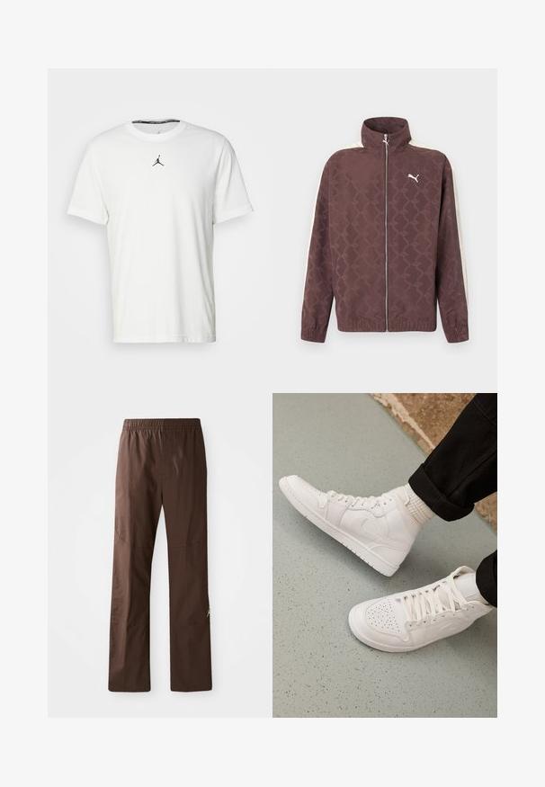 Hnedá mikina na zips Puma s vysokým golierom, bielymi prúžkami na rukávoch a jemným opakujúcim sa vzorom loga Puma.; Biely tričko s krátkymi rukávmi vyrobené z bavlny, so siluetou čierneho Jumpman loga na hrudi a okrúhlym výstrihom s čiernou vnútornou etiketou.; Hnedé nohavice s rovnými nohavicami a elastickým pásom, s jemným švom, vystavené na bielom pozadí.; Biele vysoké tenisky vyrobené z hladkej kože s perforovaným špičkou, šnurovacím uzáverom a nenápadným logom na boku. Textúrovaná gumová podrážka.