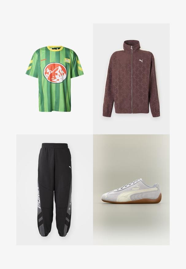 Veste zippée marron Puma avec col haut, rayures blanches sur les manches et motif subtil de logos Puma répétés.; Maillot à manches courtes rayé vert et jaune en tissu léger, arborant un logo rond proéminent avec un design de montagne orange et blanc.; Pantalons de jogging noirs en matériau doux. Comprend une taille élastique, des jambes fuselées, des accents gris et des logos blancs sur les côtés.; Baskets Puma en daim gris clair avec détail de bande blanche et semelle en gomme, vues de côté extérieur sur fond neutre.