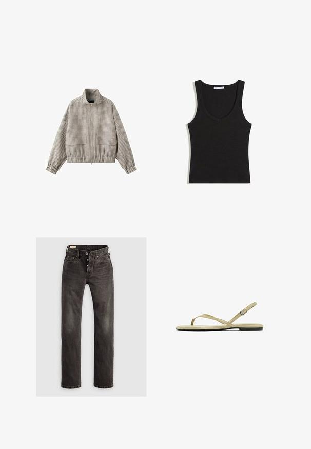 Beige og lysegrå ternet lynlåsjakke med høj krave, lange ærmer, elastisk kant og lommer med klap foran.; Sort ribbet ærmeløs tanktop med rund halsudskæring, lagt fladt på en hvid baggrund.; Mørkegrå lige ben jeans lavet af denim, der har en knaplukning, fem-lommemodel og subtile falmede detaljer på stoffet.; Beige flad sandal med tynde remme, en tåløkke og en justerbar ankelrem med en lille spænde.