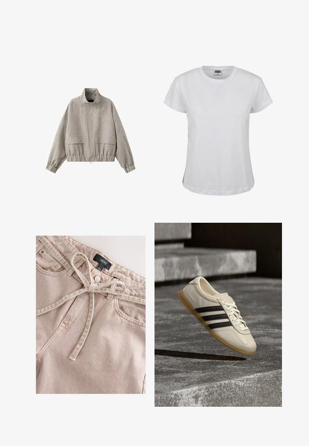 Beige og lysegrå ternet lynlåsjakke med høj krave, lange ærmer, elastisk kant og lommer med klap foran.; Hvid bomulds T-shirt med klassisk rund halsudskæring, korte ærmer og lige kant. Har et mærke med "URBAN CLASSICS" i sort.; Lyserøde denimbukser med bindebånd i taljen, med frontknap, bæltestropper og to forlommer, der viser et tekstureret stof.; Hvid sneaker med sorte striber og gummisål svæver over betontrapper i blødt dagslys.