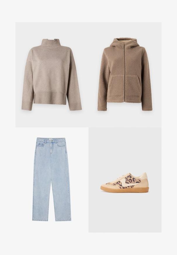 Fleece lynlås hættejakke i lysebrun med en blød, struktureret overflade, to forlommer og en afslappet pasform.; Beige højhalset sweater med ribbet krave og kant, i en rummelig form og blød tekstur. Lange ærmer med ribbede manchetter, moderne design.; Lyseblå, højtaljede denimbukser med lige ben, fem lommer og synlige sømme. Materialet har en klassisk vaskeeffekt.; Leopardprint sneakers med beige ruskindsoverdel, tan gummisål og hvide detaljer. Rund pegefinger og snørebåndsdesign med en tekstureret finish.