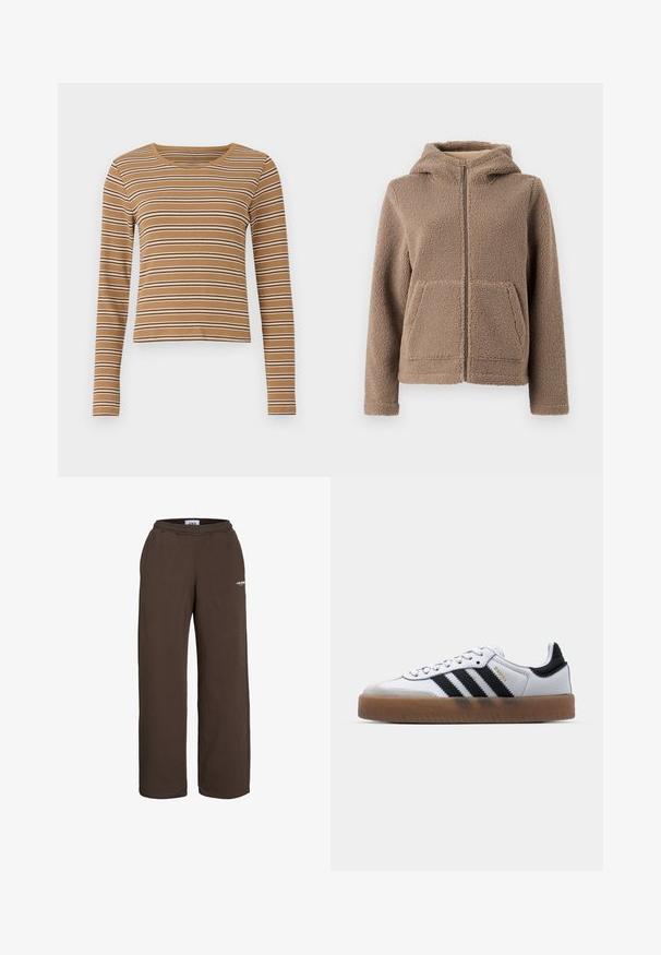 Chaqueta con capucha y cremallera de forro polar en marrón claro, con un exterior suave y texturizado, dos bolsillos delanteros y un corte relajado.; Top marrón de manga larga con franjas horizontales blancas y marrones oscuras, textura acanalada y escote redondeado, con un diseño corto.; Pantalones deportivos marrones de pierna ancha con cinturilla elástica y pequeño logo de texto blanco en la parte superior del muslo sobre fondo blanco.; Zapatillas de cuero blancas con rayas negras, suela de goma, puntera redonda, cierre de cordones y caperuza de ante gris suave.