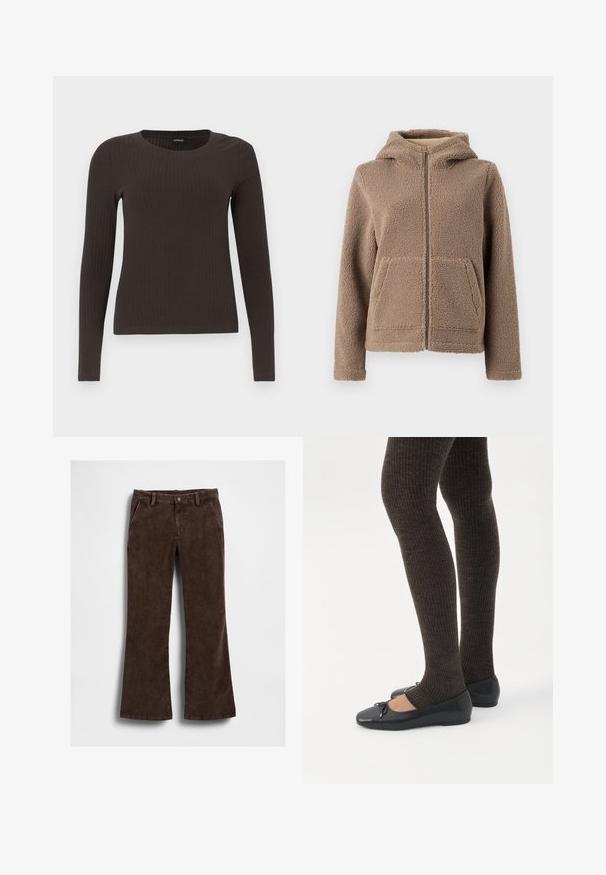 Veste à capuche zippée en polaire couleur marron clair, avec un extérieur doux et texturé, deux poches avant et une coupe décontractée.; Un haut marron à manches longues en rib avec un col rond. Fabriqué dans un matériau lisse et extensible, il présente une silhouette ajustée et un minimum de détails.; Pantalon évasé en velours côtelé marron à la texture lisse, avec poches avant et une fermeture à un bouton à la taille.; Jambes portant des leggings côtelés foncés associés à des ballerines noires avec de petits détails en nœud sur fond blanc.