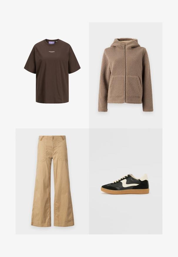 Fleece-Jacke mit Reißverschluss und Kapuze in Hellbraun, mit einer weichen, strukturierten Außenseite, zwei Vordertaschen und einer lockeren Passform.; Braunes T-Shirt mit kurzen Ärmeln und Rundhalsausschnitt, mit weißem "JJXX STUDIO"-Logo mittig auf der Brust.; Beige Stoffhose im weit geschnittenen Stil aus Baumwolle mit zwei vorderen Taschen, doppelten Knöpfen am Bund und einem schlichten Design.; Schwarze Wildleder- und Leder-Sneaker mit einem cremefarbenen Seiten-Swoosh und einer hellcremefarbenen Ferse. Ausgestattet mit beige Schnürsenkeln und einer Gummilaufsohle.