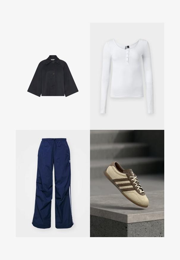 Zwarte cropped jas met wijde mouwen, drie grote knopen aan de voorkant en een puntige kraag op een witte achtergrond.; Witte langarm ribgebreide top met een ronde halslijn en vier knopen aan de voorkant. De stof heeft een gladde textuur en een getailleerd ontwerp.; Navyblauwe, lichtgewicht broek met elastische taille en trekkoord, voorzien van witte zijstrepen en een klein logo aan de voorkant. Losse pasvorm.; Beige en bruin geweven sneaker met drie strepen en witte veters, zwevend boven een betonnen rand met trappen op de achtergrond.