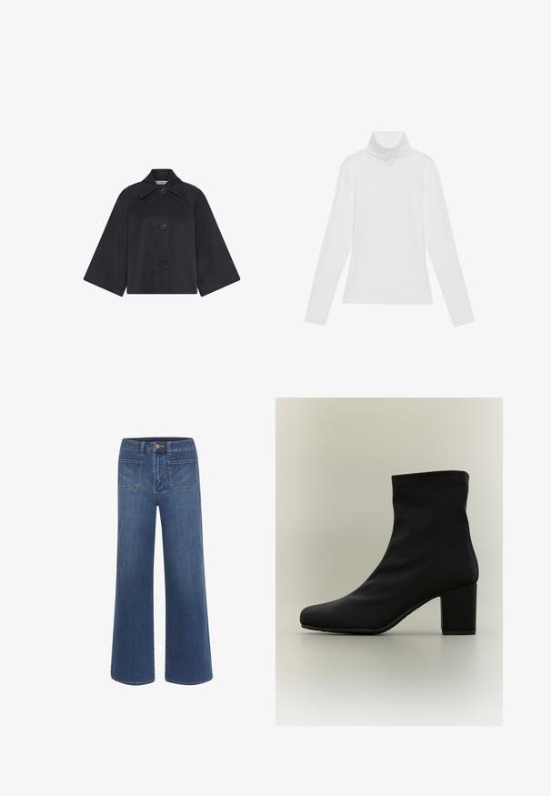Veste noire courte avec manches larges, trois grands boutons sur le devant et un col pointu sur fond blanc.; Haut à col roulé à manches longues blanc, fabriqué en tissu lisse et extensible. Il présente un col haut et une coupe ajustée, sans motifs ni embellissements visibles.; Jean à jambes larges en denim bleu foncé avec une texture lisse, doté d'une fermeture à boutons, de cinq poches et de coutures contrastantes.; Bottine noire mi-mollet avec bout arrondi et talon bloc, vue de profil sur un fond clair et neutre.