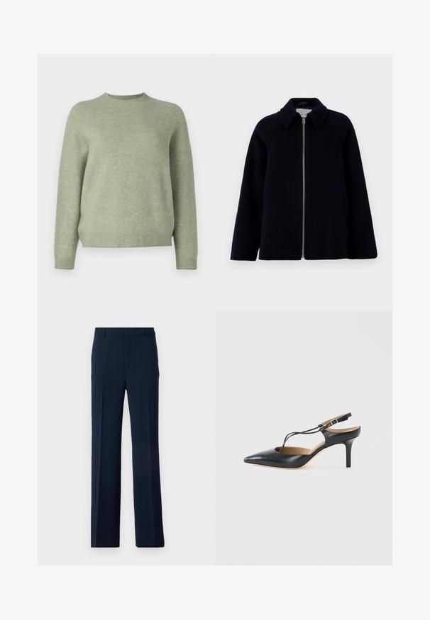 Samsøe Samsøe ALMA JACKET - Manteau court - salute; DRYKORN PEMIRI - Pullover - green; Pantalons bleu marine en tissu lisse, présentant un design à jambe droite avec des plis avant et des poches latérales pour une allure soignée.; Chaussure à talon haut en cuir noir, à bride slingback, avec un bout pointu et une fine lanière en T, sur un fond clair uni.