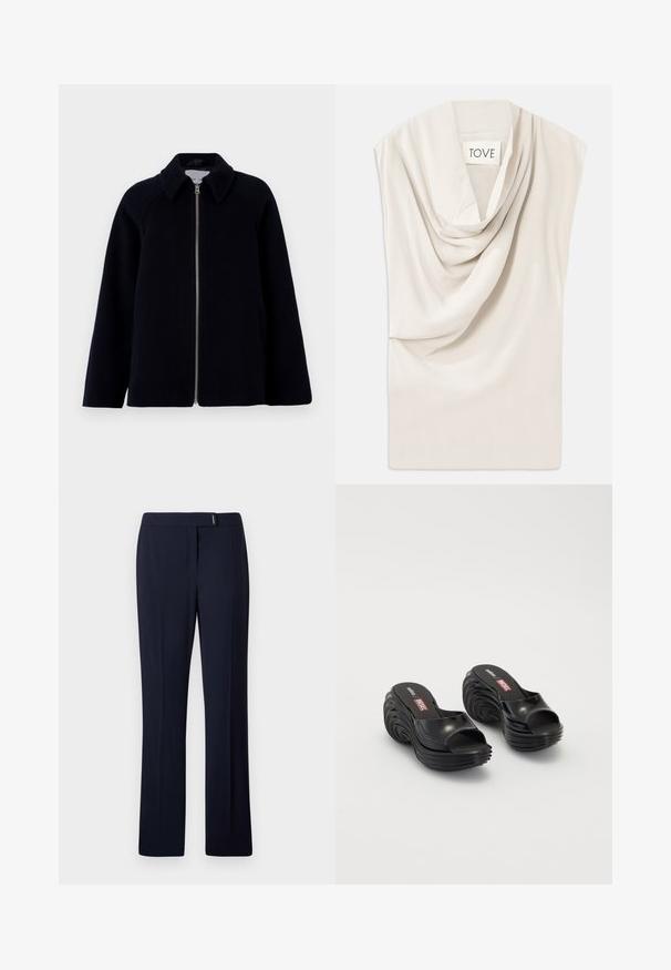 Samsøe Samsøe ALMA JACKET - Pitkä takki - salute; Vaaleanbeige yläosa, jossa on laskeutuva kaula-aukko ja pehmeä kangas. Ominaisuuksiin kuuluu hienovarainen kiilto ja leveä, hihaton muotoilu. Tunnuslukuna lukee "TOVE."; Housut tummansinisestä, sileästä kankaasta, joissa on suora leikkaus, tasainen etuosa ja hienovarainen hopeinen yksityiskohta vyötäröllä.; Melissa MELISSA QUANTUM PLATFORM X DIESEL AD - Rantasandaalit - black