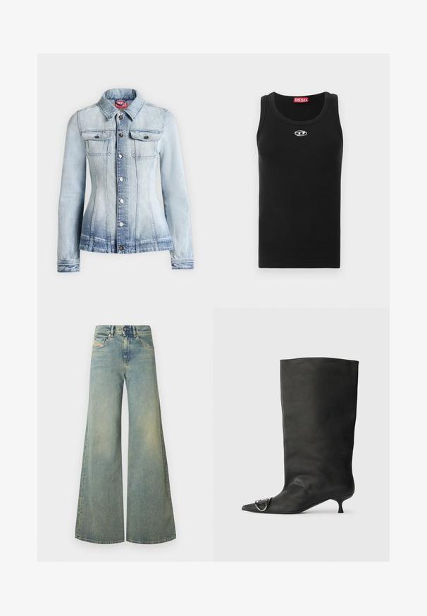 Veste en jean bleu clair ajustée, manches longues, fermeture par boutons sur le devant, col et deux poches poitrine avec rabats boutonnés.; Débardeur noir en tissu de coton avec encolure ronde, design sans manches, et petit logo blanc sur la poitrine.; Jeans larges bleu clair à taille haute, avec un design classique à cinq poches et un léger délavage. Texture en denim, finition unie.; Bottines en cuir noir à bout pointu, petite talon et détail métallique sur le bout. Texture lisse et mate partout.
