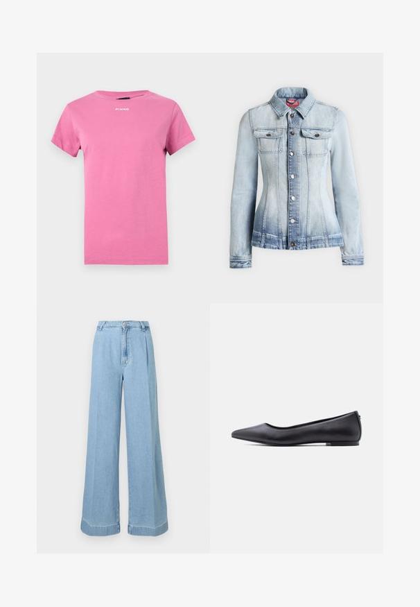 Veste en jean bleu clair ajustée, manches longues, fermeture par boutons sur le devant, col et deux poches poitrine avec rabats boutonnés.; T-shirt rose vif à manches courtes avec encolure ronde et petit logo blanc "PINKO" centré près du col.; Jeans en denim bleu clair à jambe large, avec une taille haute, des plis à l'avant et un ourlet brut pour un look décontracté.; Chaussure plate en cuir noire à bout pointu avec petit talon, vue de profil sur fond blanc.