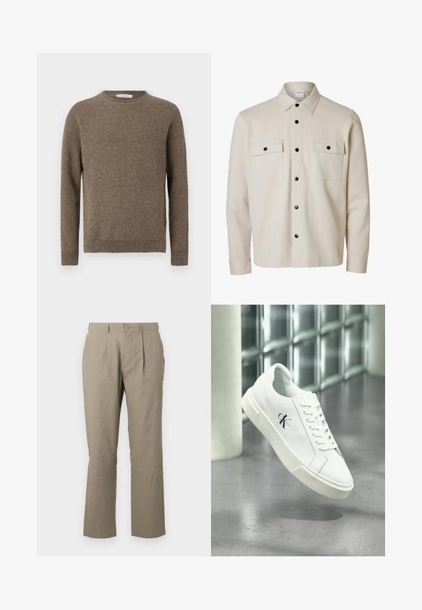 Chemise beige à manches longues avec boutons noirs, deux poches à rabat sur la poitrine avec fermetures à boutons et un col pointu.; Pull en tricot marron texturé à manches longues avec col rond et poignets et ourlet côtelés.; Pantalons beiges avec une surface texturée, présentant une coupe droite, des plis à l'avant et une fermeture à bouton unique à la taille.; Baskets blanches Calvin Klein avec lacets, présentées en suspension au-dessus d'un sol en béton poli et d'un mur en blocs de verre en arrière-plan.