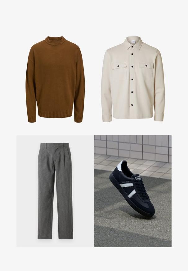 Beige langærmet skjorte med sorte knapper, to brystlommer med klap og knaplukning samt en spids krave.; Brun strikket sweater med ribbede kanter ved hals og ærmer, der har en afslappet pasform og struktureret stof. Enkelt design uden mønstre.; Grå, stribede bukser lavet af et tekstureret stof. Har en høj talje med læg og et lige ben design.; Sort lædersneaker med hvide striber, tekstureret gummisål og snørrebånd foran. Har et brandet mærke på tungen.
