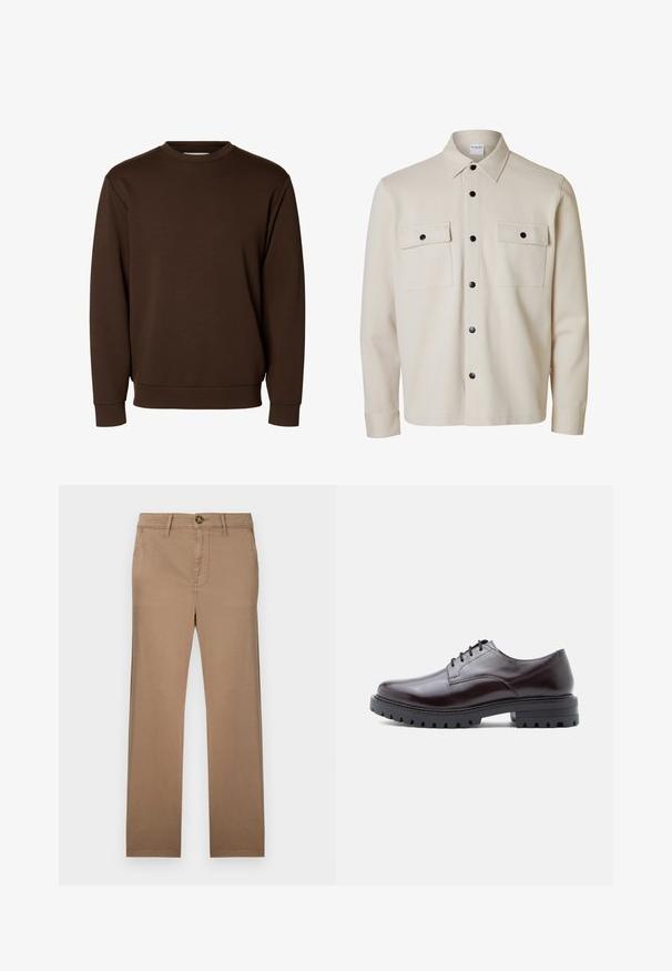 Beige langærmet skjorte med sorte knapper, to brystlommer med klap og knaplukning samt en spids krave.; Ensfarvet mørkebrun langærmet sweatshirt med rund hals, med ribstrikkede manchetter og linning, vist på hvid baggrund.; Khaki chinos med en lige ben-design, lavet af blødt bomuldsstof, med en enkelt knaplukning og bæltestropper.; Skinnende mørk burgunder lædersko med rund tå, snørebåndsdesign og robust sort sål med fremtrædende mønstre for trækkraft.