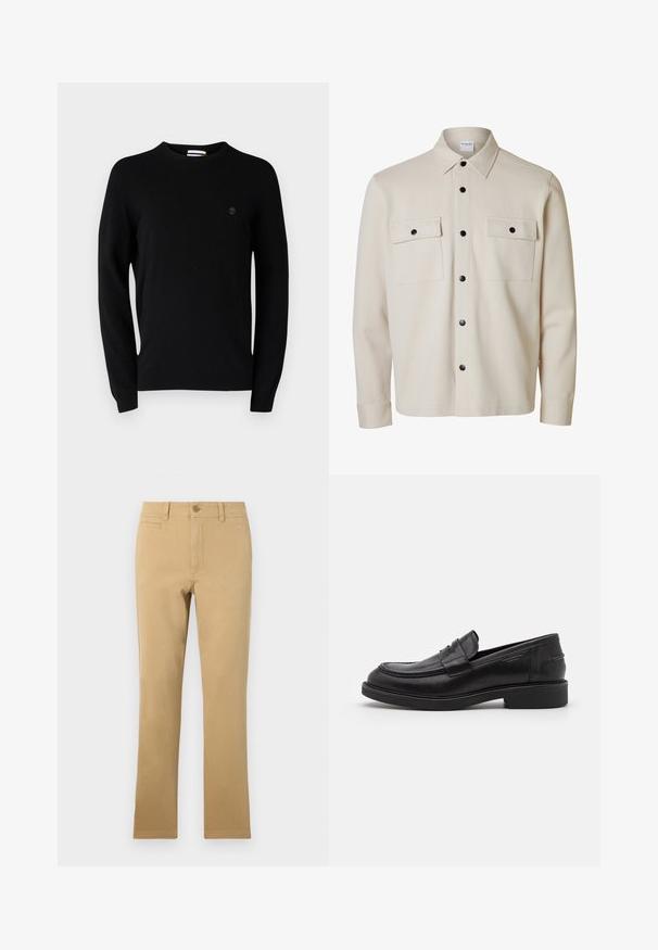 Camisa beige de manga larga con botones negros, dos bolsillos con solapa en el pecho con cierre de botón y cuello puntiagudo.; Suéter negro de cuello redondo hecho de un tejido suave, con mangas largas y un sutil logo en el pecho. Diseño simple, sin patrones ni acentos.; Pantalones de pierna recta de color caqui, hechos de algodón, con cierre de botón, bolsillos frontales y una textura suave.; Mocasines de cuero negro con puntera redondeada, costuras tonales y un detalle de tira en la parte frontal. Suela de goma con un tacón bajo.