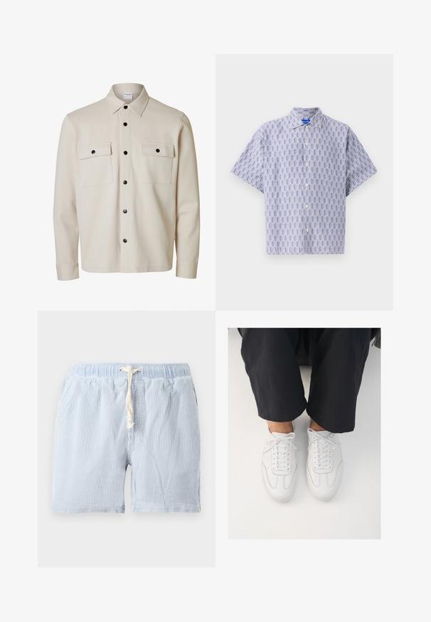 Chemise beige à manches longues avec boutons noirs, deux poches à rabat sur la poitrine avec fermetures à boutons et un col pointu.; Chemise à manches courtes boutonnée en bleu clair avec un motif géométrique bleu foncé. Elle présente un col et une coupe décontractée. Fabriquée en tissu léger.; Shorts rayés bleu clair en tissu doux avec une taille élastique et un cordon de serrage. Comprend des poches latérales et une coupe décontractée.; Baskets blanches en cuir avec une texture lisse, bout rond et système de laçage classique, positionnées au-dessus de pantalons sombres et amples.