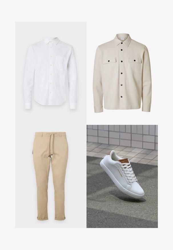 Beige langærmet skjorte med sorte knapper, to brystlommer med klap og knaplukning samt en spids krave.; Hvid linned skjorte med lange ærmer, knap-ned krave, brystlomme og perleknapper. Har en buet kant og struktureret stof.; Beige snøre-bukser med en tapered fit, der har sidelommer og manchetter for et strømlinet design. Lavet af letvægtsstof.; Hvide lædersneakers med en glat overflade, tan-akcent på hælen, gyldent logo på siden og en gummisål med tekstureret greb.