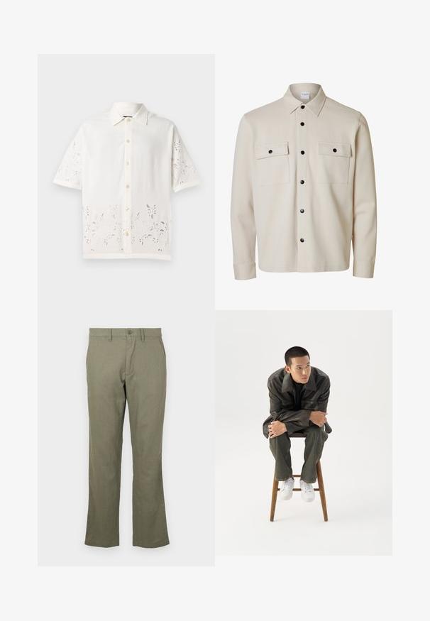 Beige langærmet skjorte med sorte knapper, to brystlommer med klap og knaplukning samt en spids krave.; Hvid kortærmet skjorte lavet af letvægtsstof, med knaplukning foran, broderet blomsterdesign langs kanten og klassisk krave.; Afslappede olivengrønne bukser lavet af et blødt stof. Har en lige benlængde, forlommer og knaplukning. Ingen synlige mønstre.; Ung mand i mørk læderjakke og jeans sidder på en træskammel, læner sig fremad med armene krydset og kigger til siden mod hvid baggrund.