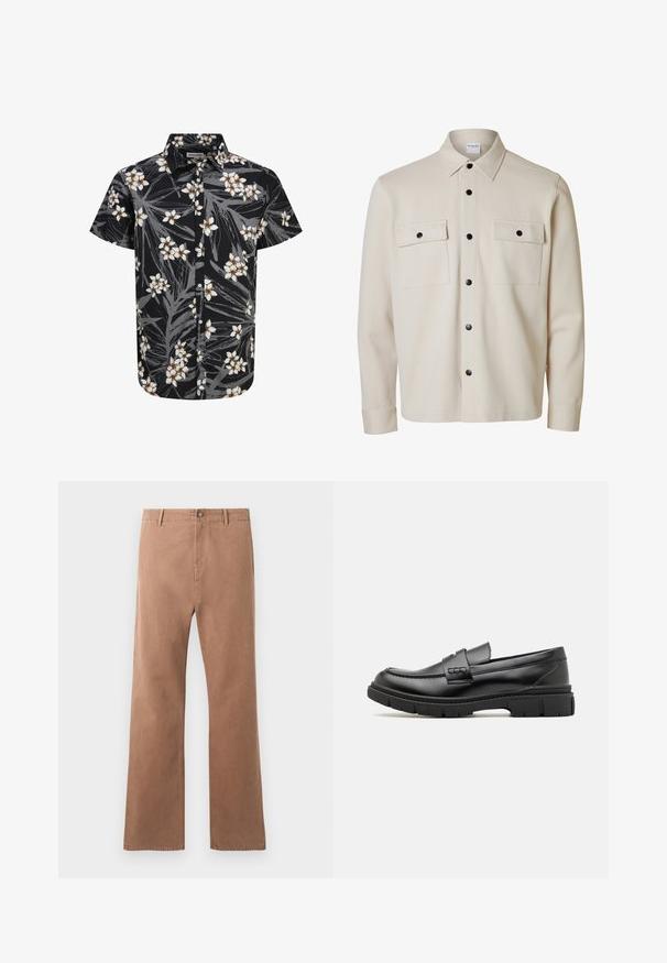 Camisa beige de manga larga con botones negros, dos bolsillos con solapa en el pecho con cierre de botón y cuello puntiagudo.; Camisa de manga corta en tela negra, con un estampado floral de flores blancas y hojas grises, diseño abotonado y un cuello clásico.; Pantalones rectos marrones de algodón. Cuentan con un cierre de botón, bolsillos frontales y costuras visibles a lo largo de las costuras.; Mocasin de cuero negro con una cinta ancha en el empeine, suela de goma con tacos gruesos y textura suave. Diseño clásico y elegante.