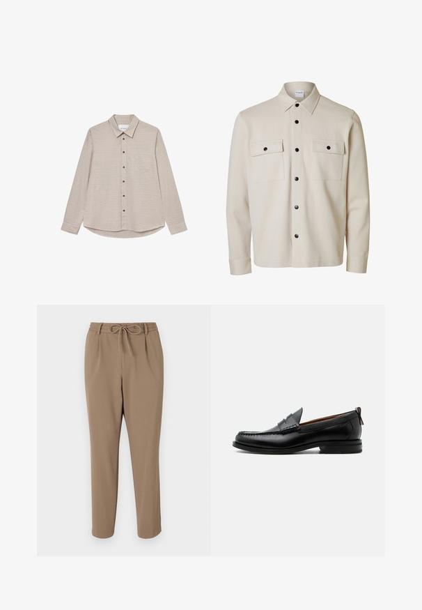 Camisa beige de manga larga con botones negros, dos bolsillos con solapa en el pecho con cierre de botón y cuello puntiagudo.; Camisa de manga larga a cuadros en tonos marrones y beiges, con un cuello abotonado, bolsillo frontal y botones marrones, presentando un dobladillo curvado.; Pantalones beige ajustados con cintura ajustable, bolsillos laterales y textura suave. Sin patrones visibles ni acentos adicionales.; Mocasín de hombre de piel negra con costura moc toe, tira penny, cuello texturizado y tacón bajo apilado sobre fondo blanco.