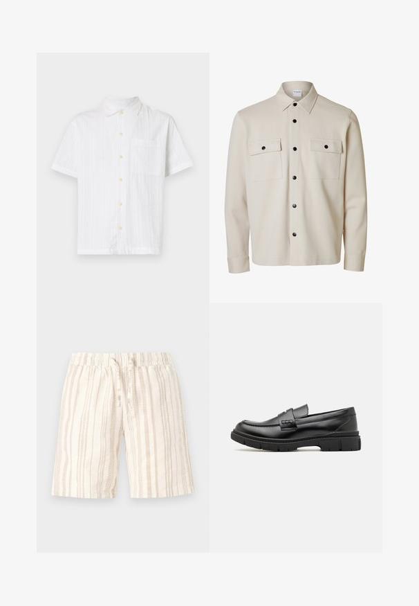 Beige overhemd met lange mouwen en zwarte knopen, twee borstzakken met kleppen en knoopsluitingen, en een puntige kraag.; Witte short-sleeve shirt met een knoopsluiting aan de voorkant, voorzien van een enkele zak, gestructureerde stof en lichtgele knopen.; Lichtbeige shorts met verticale strepen in verschillende tinten. Voorzien van een elastische tailleband en een koord voor aanpassing. Zacht, gestructureerd materiaal.; Zwarte leren instapper met een brede band over de voet, rubberen zool met dikke noppen en een gladde textuur. Klassiek, strak ontwerp.