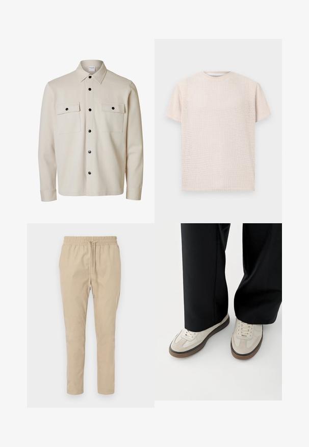 Chemise beige à manches longues avec boutons noirs, deux poches à rabat sur la poitrine avec fermetures à boutons et un col pointu.; T-shirt léger beige clair à manches courtes avec un motif texturé et une coupe ample. Encolure ronde et tissu doux, adapté pour un port décontracté.; Pantalons beiges légers avec une taille élastique et un cordon de serrage. Design à jambe droite, texture lisse, sans motifs ni accents visibles.; Pieds portant des baskets beige avec des semelles marron et un pantalon noir à jambes larges sur fond blanc.