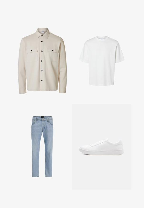 Beiges Langarmhemd mit schwarzen Knöpfen, zwei Brustklappen mit Knopfverschluss und spitzem Kragen.; Schlichtes weißes T-Shirt mit kurzen Ärmeln, Rundhalsausschnitt und lockerem Schnitt, abgebildet auf weißem Hintergrund.; Helle blaue Denim-Jeans mit schlankem Schnitt, Fünf-Taschen-Design, subtiler verblasster Textur und Metallbeschlägen am Reißverschluss und der Knopfleiste.; Weißer Low-Top-Sneaker mit Schnürverschluss, glattem Lederobermaterial und dicker Gummisohle, seitlich auf einem einfarbigen Hintergrund abgebildet.