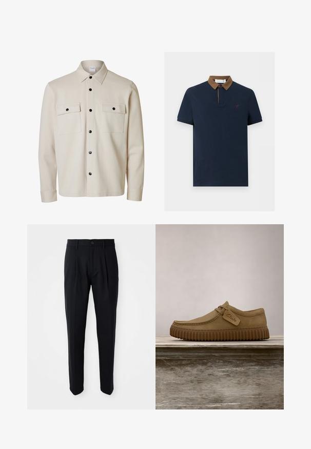 Beige langærmet skjorte med sorte knapper, to brystlommer med klap og knaplukning samt en spids krave.; Marineblå polo med korte ærmer og brun kordfløjls-krave samt lille rødt broderet logo på venstre bryst.; Sorte skræddersyede bukser med frontfald, knaplukning og bæltestropper, præsenteret på en hvid baggrund.; Lysebrune ruskindsko med rund tå, syet detaljer og en ribbet brun gummisål. Har et sidemærke med "Clarks" logo.