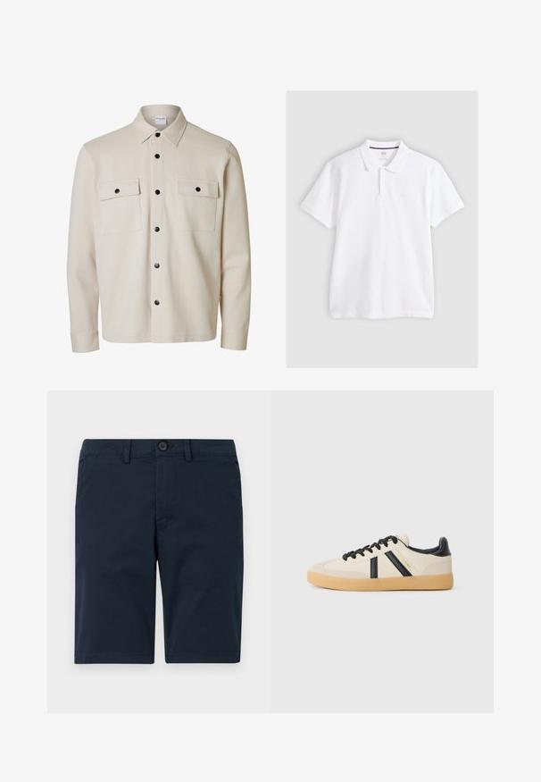 Camisa beige de manga larga con botones negros, dos bolsillos con solapa en el pecho con cierre de botón y cuello puntiagudo.; Polo blanco de manga corta con cuello y tapeta de dos botones, colocado plano sobre un fondo gris claro.; Pantalones cortos azul marino hechos de una mezcla de algodón, con cierre de botón, trabillas para cinturón y dobladillo recto con un detalle mínimo.; Zapatillas casuales en crema con rayas negras, con parte superior texturizada y suela de goma. Los cordones son negros. Logo sutil en el costado.