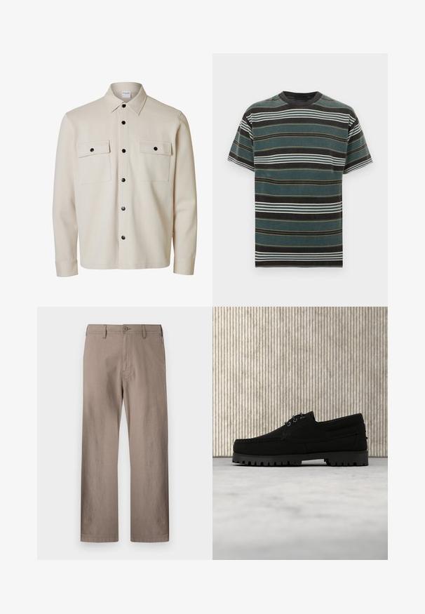 Camisa beige de manga larga con botones negros, dos bolsillos con solapa en el pecho con cierre de botón y cuello puntiagudo.; Camiseta de manga corta con rayas en verde oscuro, negro y blanco con detalles en naranja. Presenta un cuello redondo y un ajuste relajado.; Pantalones rectos color beige hechos de tela ligera con cierre de botón, que cuentan con bolsillos frontales y costuras limpias.; Zapato negro de cordones con suela gruesa y acanalada flotando sobre una alfombra beige, mesa redonda moderna de color marrón en un fondo de habitación con luz suave.